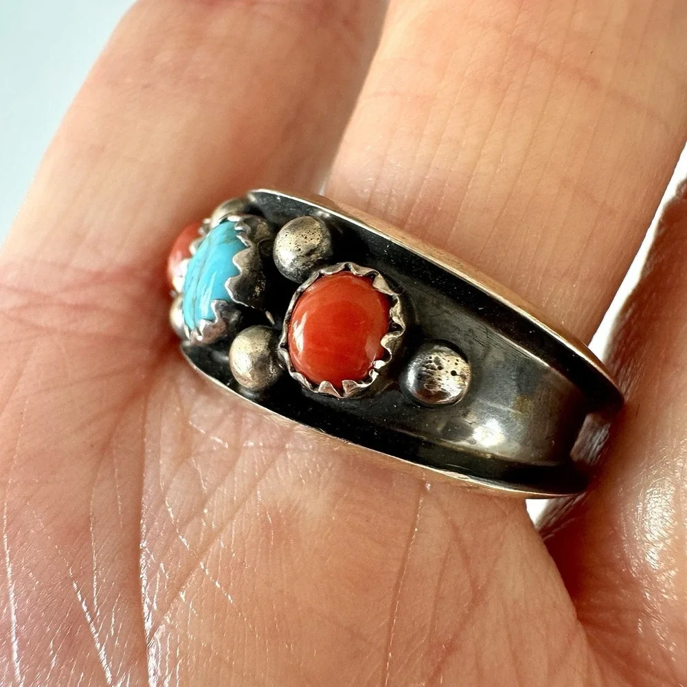 Turquoise Coral Band Ring Sz 11 Navajo 5g 11mm Native Amer Dark Sterling Mens